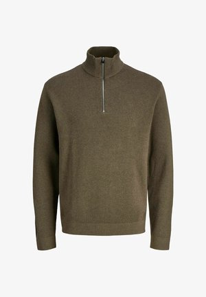 Pītā džemperis tumši olīvu zaļā krāsā ar augstu apkakli un puscietu aizdari. Iezīmē ribotas piedurknes un apakšmali, strukturētu audumu un klasisku piegriezumu.