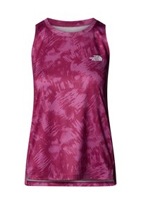 Purple sleeveless athletic tank top featuring a textured, abstract pattern and a small white logo on the front. Lightweight fabric.
