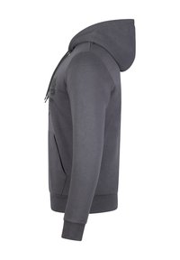 Graue Kapuzenjacke mit einer Fronttasche, Kordelzugkapuze und gerippten Bündchen. Glattes, weiches Material mit minimaler Markenkennzeichnung auf der Vorderseite.