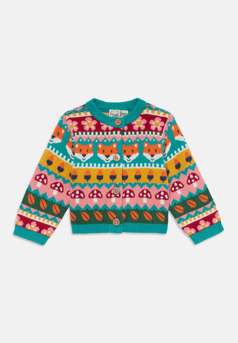 Cardigan tricotado com base em turquesa, apresentando padrões coloridos de raposa, flor e cogumelo; três botões de madeira; punhos canelados.