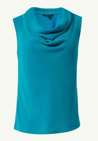Motylkowy bezrękawnik w kolorze turkusowym, z dekoltem w kształcie cowl i gładką fakturą. Charakteryzuje się okrągłym kształtem i minimalistycznym designem, odpowiednim na różne okazje.