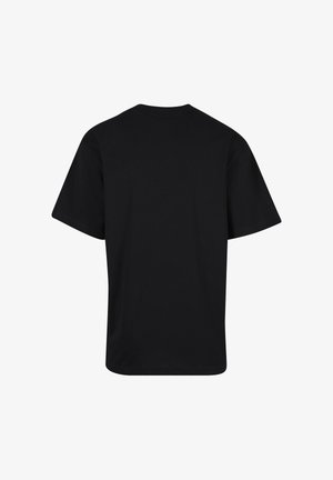 Enkelt sort T-shirt med korte ærmer og rund hals, vist bagfra på en hvid baggrund.