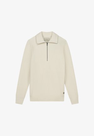 Gaišas krēma krāsas zip-up džemperis ar ribota tekstūra, ar norādītu apkakli, garām piedurknēm un mazu logo akcentu pie apakšmala.