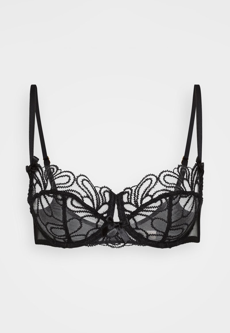 Soutien-gorge en dentelle noire avec un motif floral doté de motifs complexes, en tissu transparent, avec des bretelles réglables et un petit nœud en satin au centre.