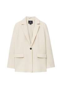 Beige blazer van lichtgewicht stof, met een notch-revers, een enkele zwarte knoop en twee voorzakken. Getailleerde, ontspannen pasvorm.