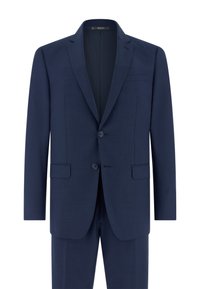 Costume pour homme bleu marine avec blazer à deux boutons, revers crantés, poches à rabat et pantalon assorti, présenté sur fond blanc.