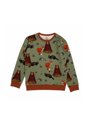 Grüner Pullover mit Tiermotiven, der Füchse, Bären und Igel zeigt. Braune Bündchen und Halsausschnitt, weicher Stoff, lässige Passform.