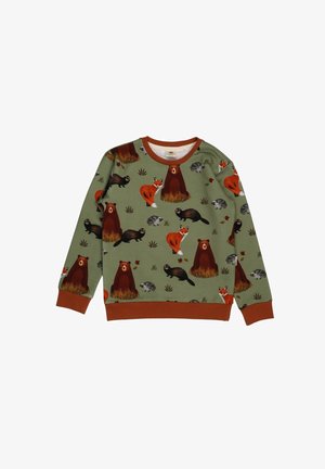 Green sweatshirt with animal patterns, featuring foxes, bears, and hedgehogs. Brown cuffs and neckline, soft fabric, casual fit.