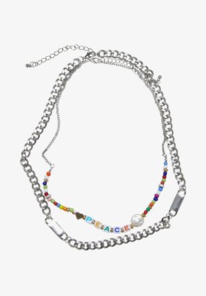 Sølv kædelås med farverige perler, et centralt "FRED" budskab og en perleaccent. Inkluderer to stilarter af kædelinks.