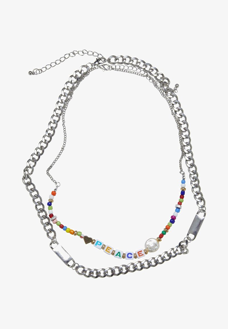 Collana in argento con perline colorate, un messaggio centrale "PACE" e un accento di perla. Include due stili di maglie della catena.
