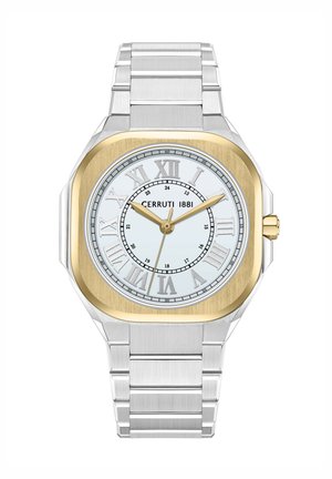 Reloj de acero inoxidable plateado con un bisel cuadrado en tono dorado, dial blanco con números romanos y una aguja de segundos dorada, terminado con una pulsera de eslabones.