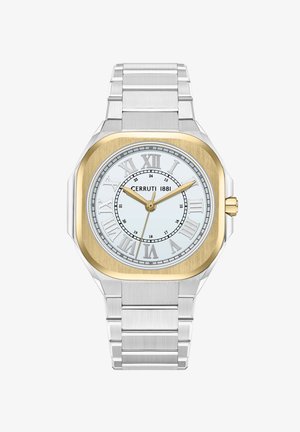 Sølv rustfrit stål ur med en firkantet bezelin i guldtonet, hvid urskive med romertal og en guldfarvet sekundviser, afsluttet med et link-armbånd.