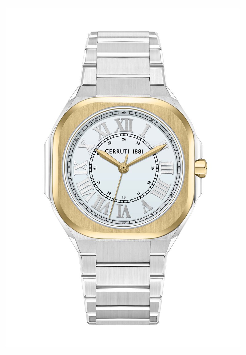 Reloj de acero inoxidable plateado con un bisel cuadrado en tono dorado, dial blanco con números romanos y una aguja de segundos dorada, terminado con una pulsera de eslabones.