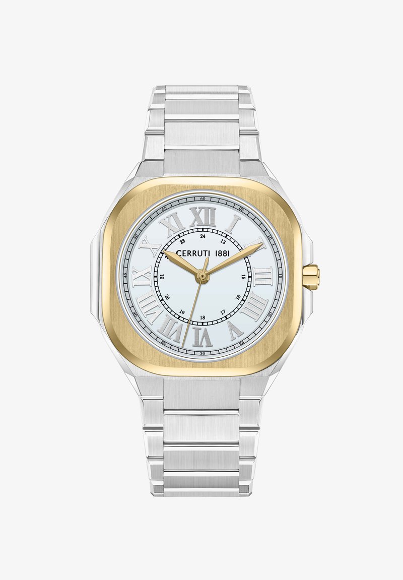 Srebrny zegarek ze stali nierdzewnej z kwadratową złotą ramką, biała tarcza z rzymskimi cyframi i złotą wskazówką sekundową, wykończony bransoletą ogniw.