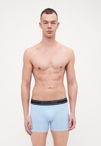 Helle blaue Boxer-Briefs aus weichem Stoff, mit einem schwarzen Bund mit weißer Markenbezeichnung, die eine enganliegende Passform und ein modernes Design bieten.