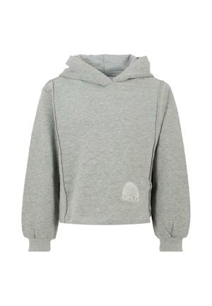 Lichtgrijze hoodie met lange, opbollende mouwen, geribde manchetten en een klein wit logo nabij de onderrand.