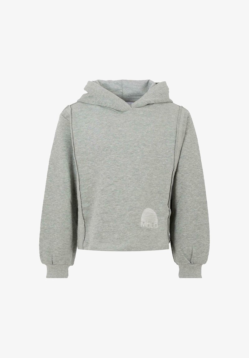 Felpa grigia chiara con cappuccio, maniche lunghe e puffate, polsini a costine e un piccolo logo bianco vicino all'orlo inferiore.