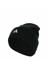 Beanie nero a maglia con risvolto, caratterizzato da tre strisce bianche con logo su un lato. Texture morbida e design senza cuciture.