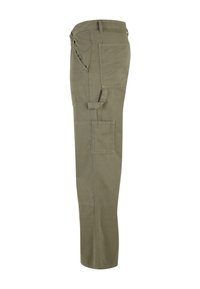Khaki cargo-housut, joissa on suora lahje, useita taskuja ja kestävä puuvillakangas, jolla on sileä pinta.