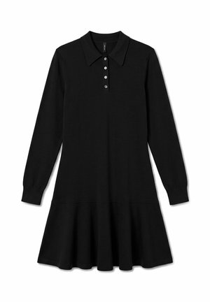 Robe noire à manches longues et à col, avec une patte de boutonnage à quatre boutons, une taille cintrée et une jupe évasée, présentée sur fond blanc.