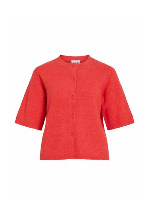 Red short-sleeve knit cardigan with round neckline and front button closure, made of soft textured fabric.