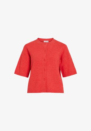 Crvena kratka kardigan džemper s okruglim izrezom i zatvaranjem na prednje gumbe, izrađen od mekane teksturirane tkanine.