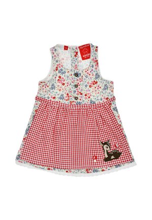 Ärmelloses Kleinkindkleid mit floralem Oberteil, rotem Vichy-Karorock, Holzknöpfen und Hirsch-Stickerei nahe dem Saum auf weißem Hintergrund.