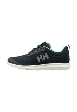 Schwarzer und türkisfarbener Mesh-Sneaker mit weißer flexibler Sohle und "HH" Logo an der Seite, Schnürdesign und Zuglasche an der Ferse.