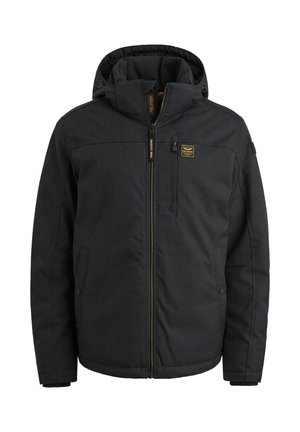 Zwarte hoodie met ritssluiting, voorzien van een borstzak en zijzakken, gemaakt van textuurstof met subtiele stikseldetails.