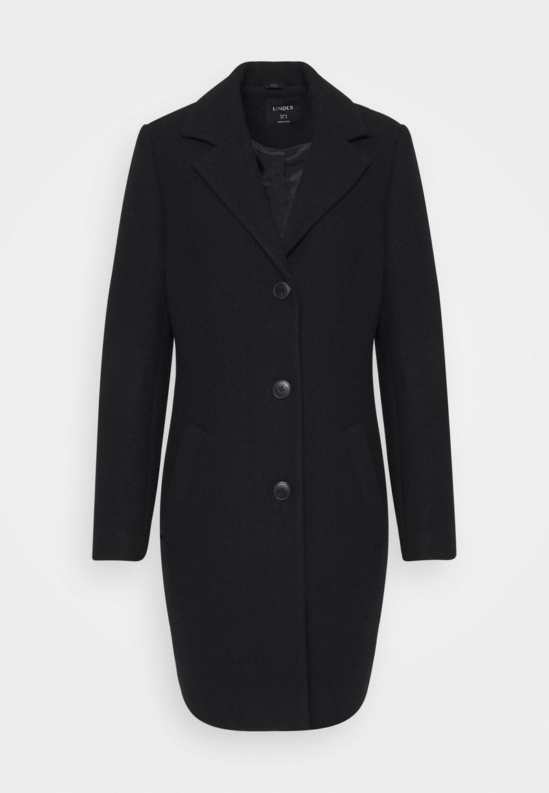 Manteau noir pour femmes, taillé sur mesure, longueur genou, col à revers et trois boutons sur le devant, avec poches latérales et doublure intérieure lisse.