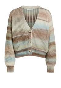 Dzianinowy kardigan w ziemistych odcieniach brązu, beżu i niebieskiego. Posiada dekolt w kształcie litery V, prążkowaną strukturę oraz trzy drewniane guziki z przodu.