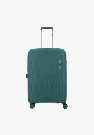 Hartschalentrolley in Türkis mit einem Rautenmuster, ausgestattet mit einem ausziehbaren Griff und vier Rollen für einfache Mobilität.