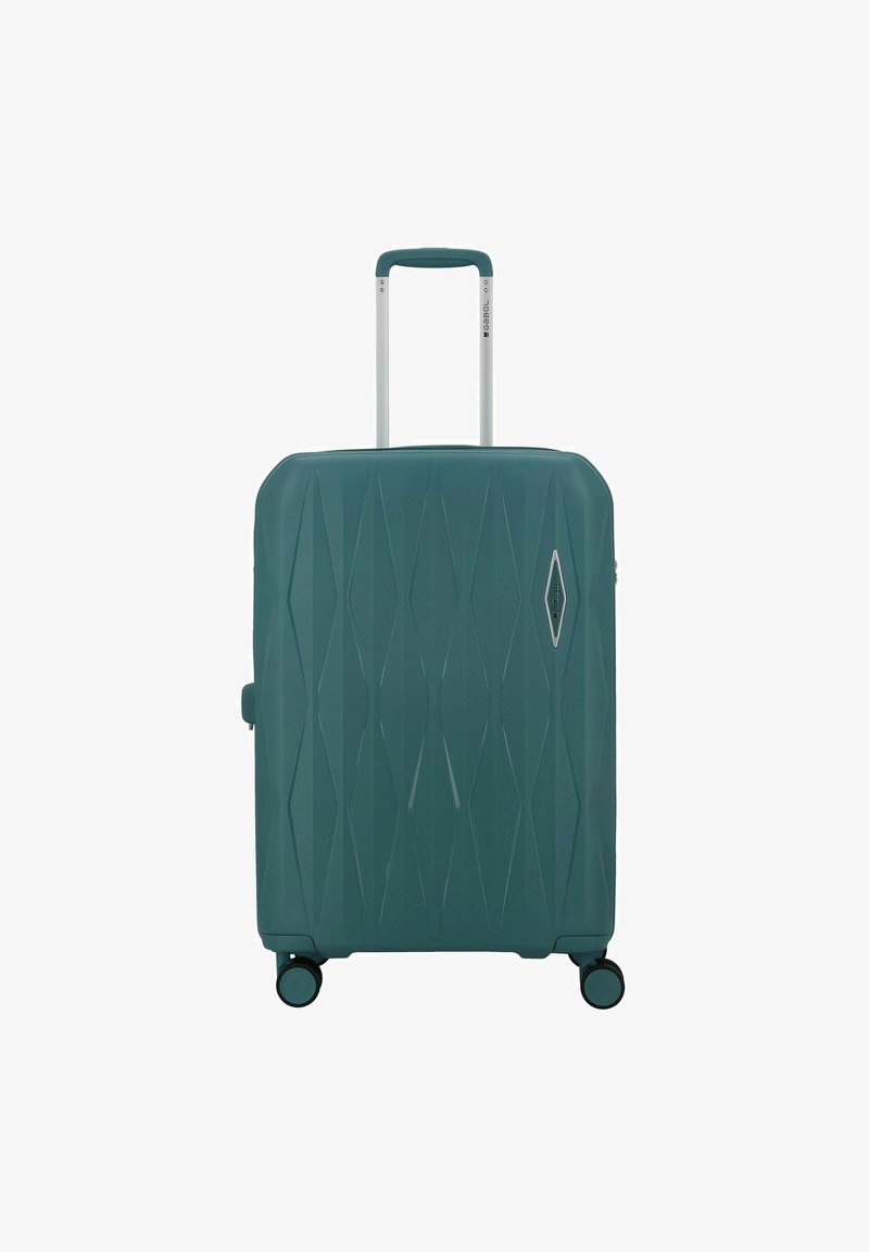 Maleta rígida en color azul verdoso con textura en patrón de diamante, cuenta con un mango retráctil y cuatro ruedas giratorias para mayor movilidad.