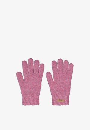 Knitted gloves in pink with a ribbed wrist area. Features a textured finish and a small branded tag on the cuff. Two gloves visible.