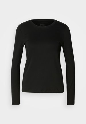 Schwarzes Langarmshirt aus weichem Stoff mit Rundhalsausschnitt und tailliertem Schnitt. Keine Muster oder Hardwaredetails vorhanden.