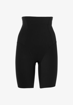 Shorts modellanti neri a vita alta, con lunghezza fino a metà coscia, design senza cuciture e cuciture sagomate per un effetto snellente sul corpo.