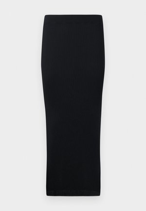 Gonna midi nera a coste con una silhouette aderente. Realizzata in un tessuto elasticizzato, presenta una vita liscia e un motivo testurizzato.