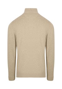 Beige Pullover mit hohem Kragen, langen Ärmeln und gerippten Bündchen. Weiche Textur und glatte Oberfläche; keine sichtbaren Muster oder Verzierungen.