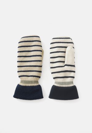 Knitted mittens in cream and navy with horizontal stripes, featuring a ribbed cuff and textured knit for warmth and comfort.