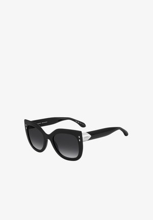 Lunettes de soleil noires oversize à monture œil de chat avec verres dégradés foncés et accent argenté sur les branches.