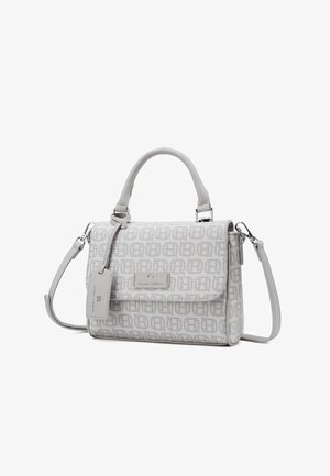 Borsa da designer grigio chiaro con manico superiore, tracolla staccabile, motivo monogramma e patta frontale con targhetta logo in metallo.