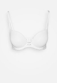 Soutien-gorge blanc rembourré avec dentelle, bretelles ajustables et fermeture à crochet et œillet. Surface lisse et matériau léger.