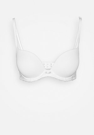 Hvid polstret bh med blonder, justerbare stropper og hægte- og øje-lukning. Glat overflade og let materiale.