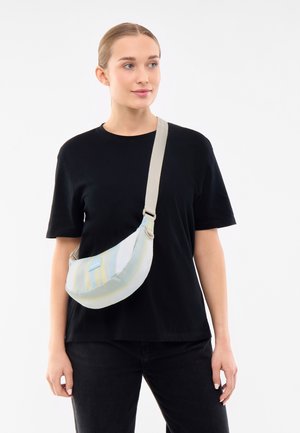 Gürteltasche aus weichem Stoff mit einem abstrakten Pastelldesign; Halbmondform, verstellbarer beiger Riemen, mit einem Metallverschluss gesichert.