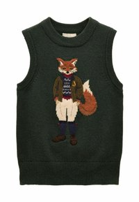 Zaļš adīts bezpiedurkņu džemperis ar izšūtu lapsi, kas tērpta jakā, džemperī un biksēs uz faktūrēta fona.