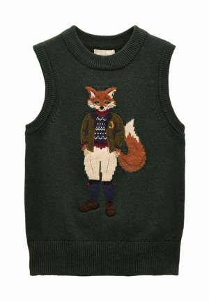 Grüner gestrickter ärmelloser Pullover mit einem gestickten Fuchscharakter in Jacke, Pullover und Hose vor einem strukturierten Hintergrund.