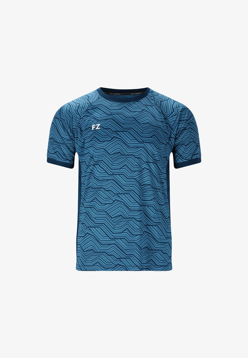 Sininen urheilusati, jossa on geometrinen aallokkuviikko, lyhyet hihat, pyöreä pääntie ja FZ-logo edessä. Silkkinen rakenne ja kevyt.