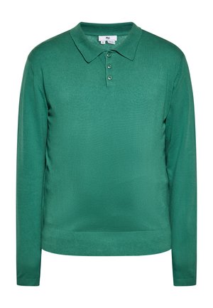 Green long-sleeve knit polo shirt with three buttons and a collar, shown front-facing on a white background.