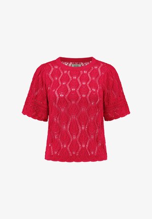 Punane pitsiline top, lühikeste puffvarrukate ja lainelise mustriga, avatud kudumise tekstuuriga, ümmarguse kaelusega ja sakiliste varrukate servadega.