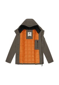 Grå ytterjacka med ett orange vadderat innertyg. Har en huva, dragkedjeförsedd ficka och logotypmärke på bröstet.